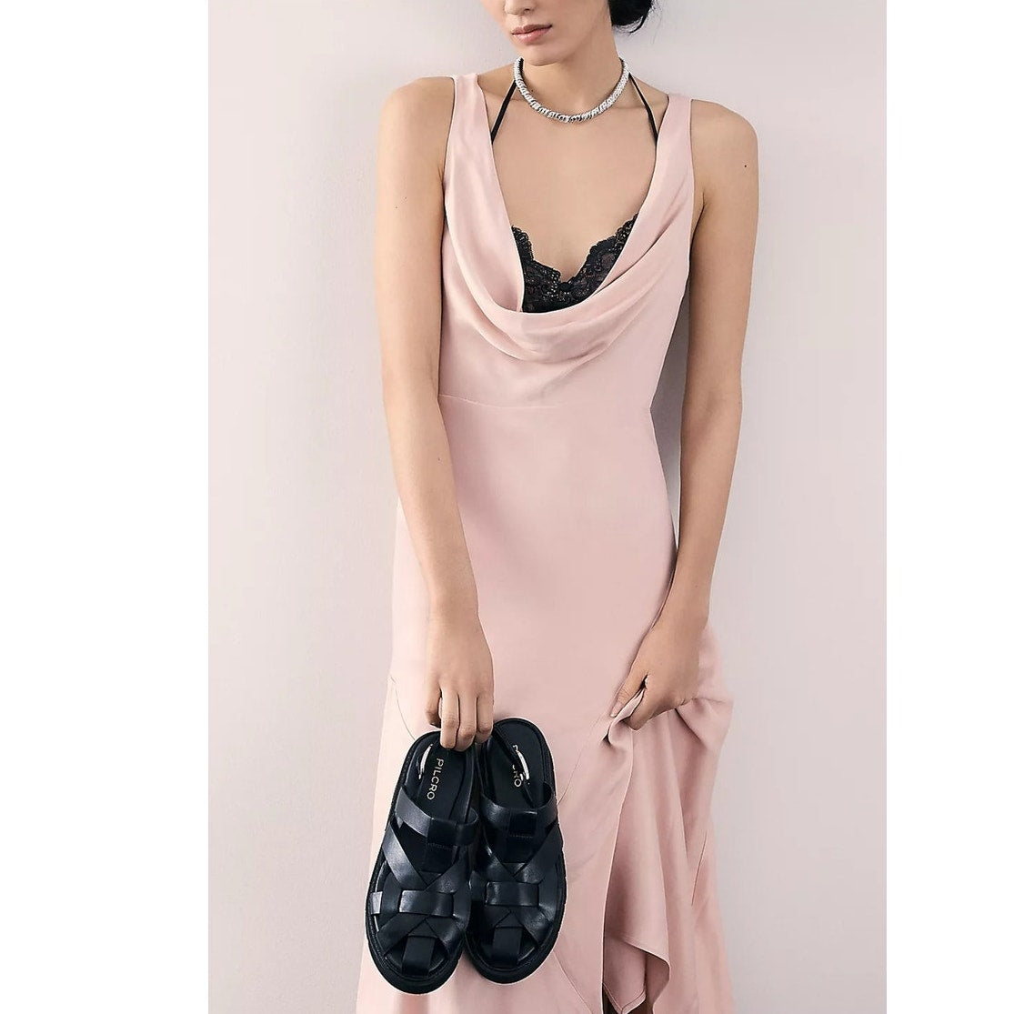 New By Anthropologie Cowl-Neck Asymmetrical Twofer Slip Dress $178 XS Pink