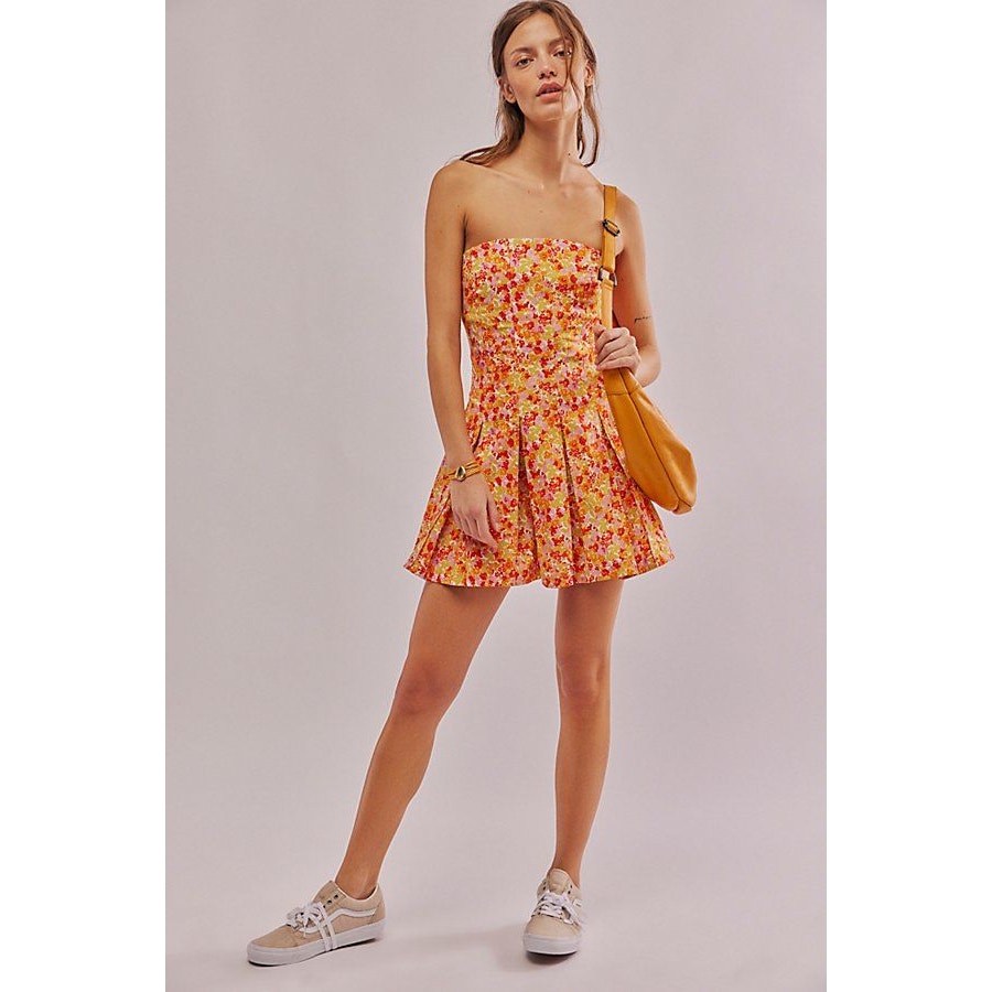 Free People Made Me Smile Floral Mini Dress X-LARGE Orange STRAPLESS Free People