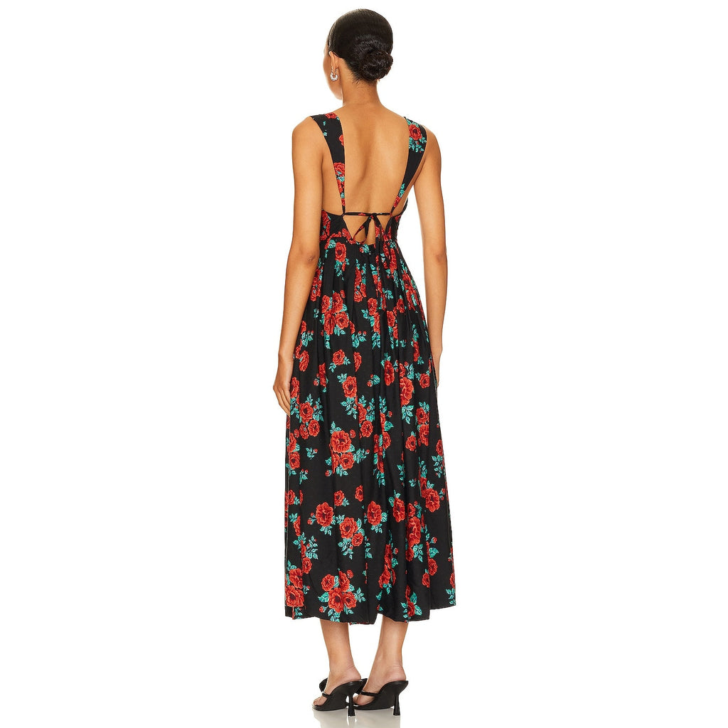 New Free People Lovers Heart Midi Dress $168 Medium Black & Red Floral Lace Trim