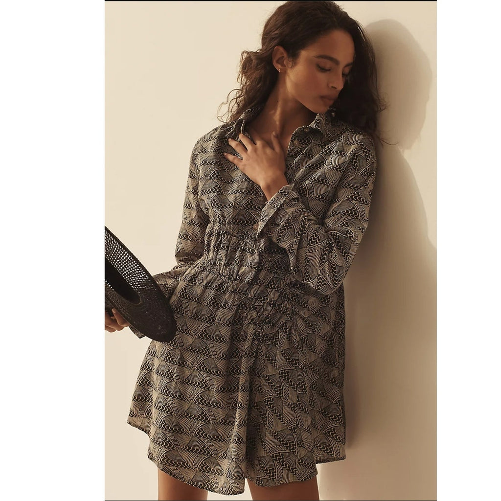 Anthropologie Long-Sleeve Collared Mini Dress $148 Medium Petite Ivory