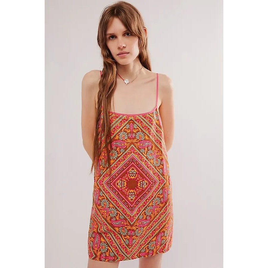 Free People Heart Eyes Mini Dress X-LARGE Fiesta Boho Floral Combo Free People