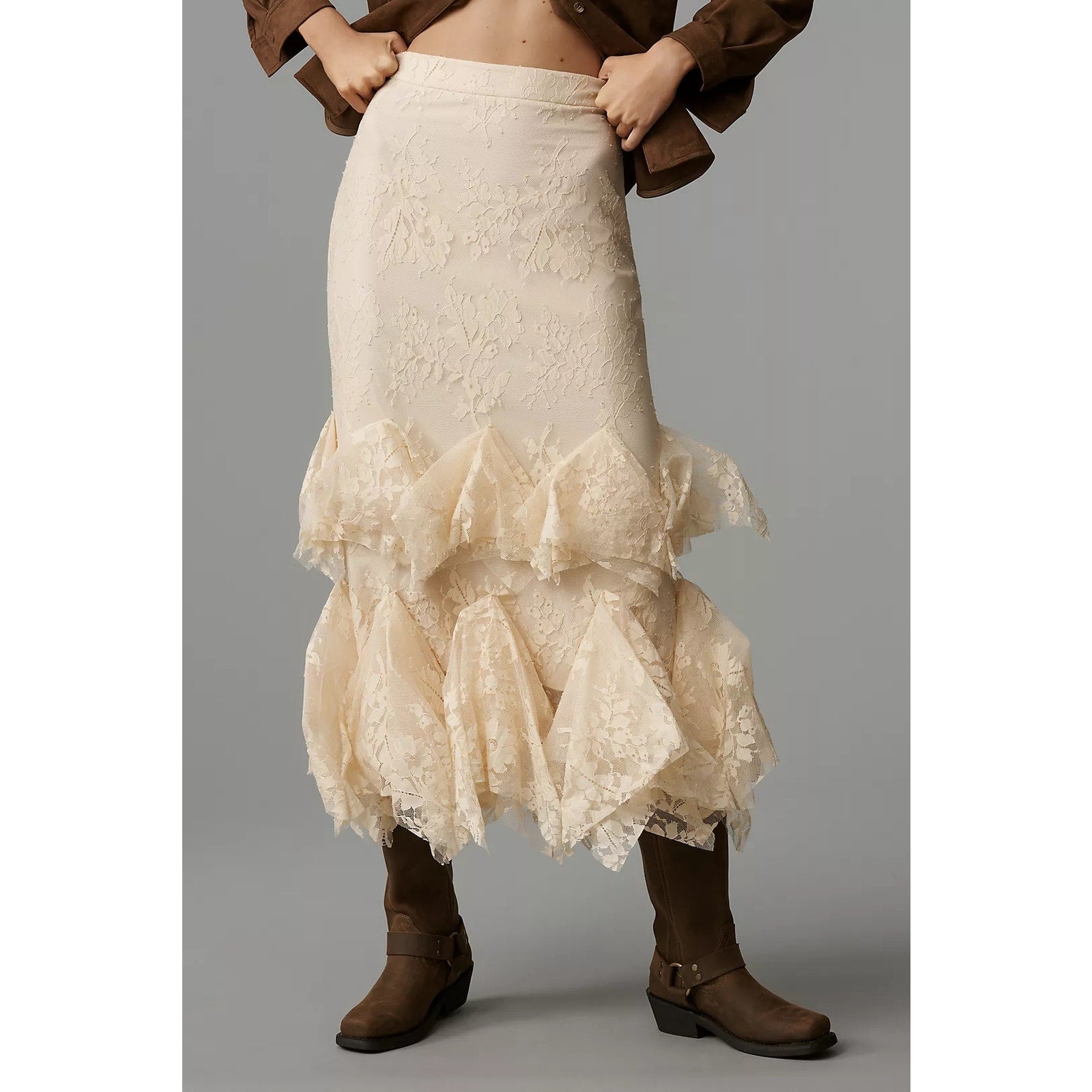 Anthropologie Mare Mare Lace Tiered Midi Skirt $258 X-SMALL Tan BOHO CHIC