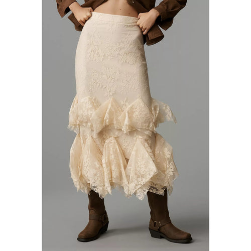 Cream lace tiered midi skirt, high-waist style, gathered ruffle hem