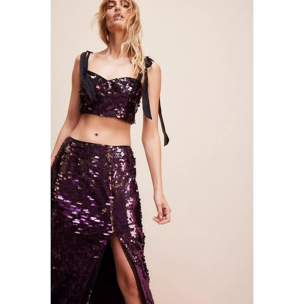New FREE PEOPLE Star Bright Maxi Skirt Set SEQUINED $198 SIZE 4 Purple Lilac