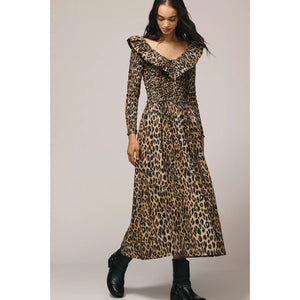 Anthropologie Damson Madder Harper Shirred Midi Dress SIZE 4 Leopard