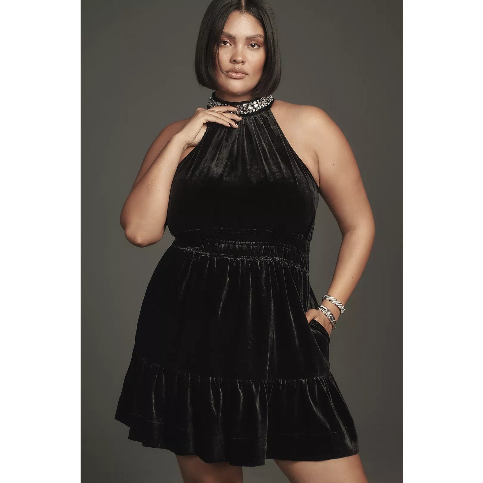Anthropologie The Somerset Mini Dress: Velvet Halter Edition $168 1X Black