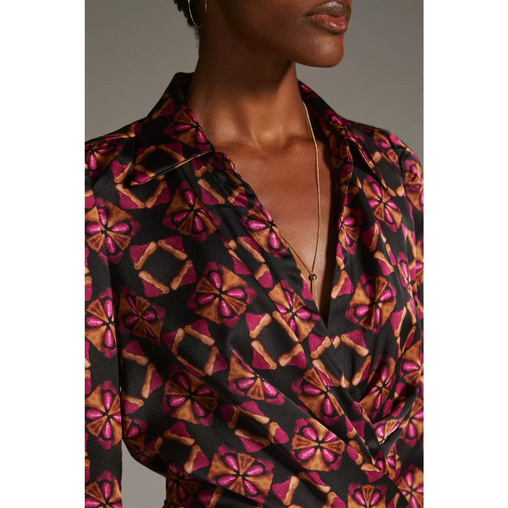 New Anthropologie x MISA Long-Sleeve Wrap Dress $435 XS Black & Pink Motif Geo