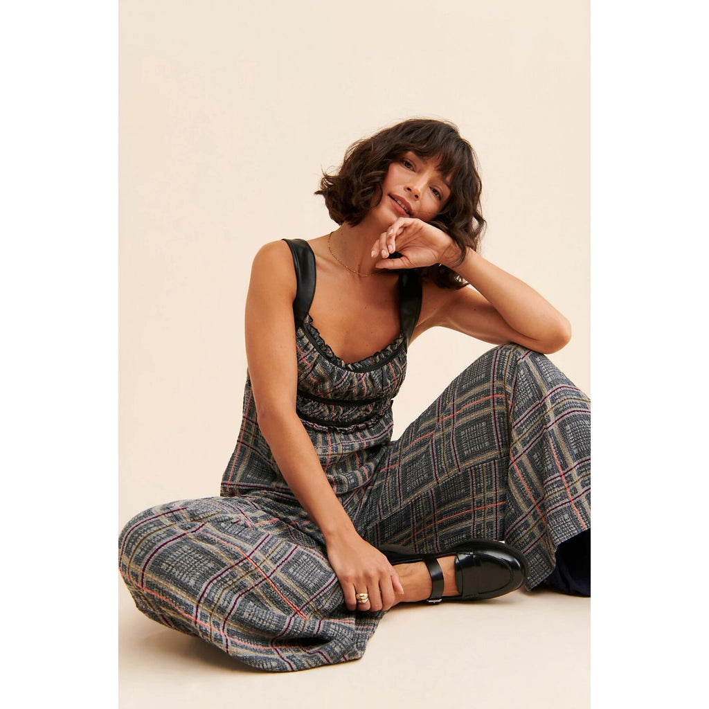 New Free People Marley Plaid One-Piece Jumpsuit $188 SMALL Wide-Leg