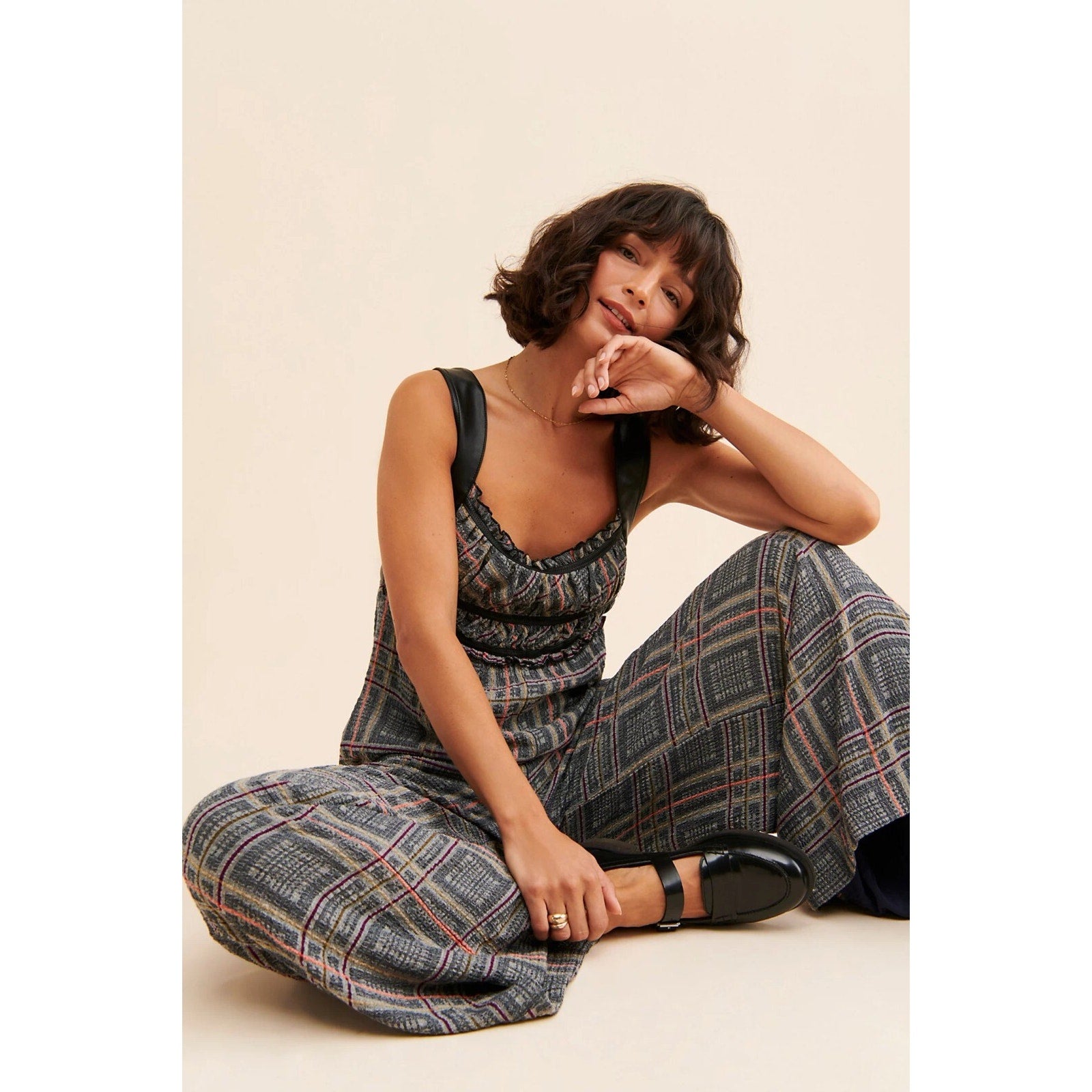 New Free People Marley Plaid One-Piece Jumpsuit $188 SMALL Wide-Leg