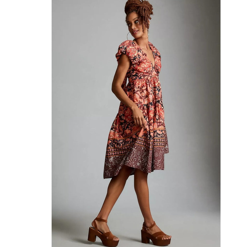 New By Anthropologie Printed V-Neck Babydoll Dress $170 SIZE 6 Red Floral
