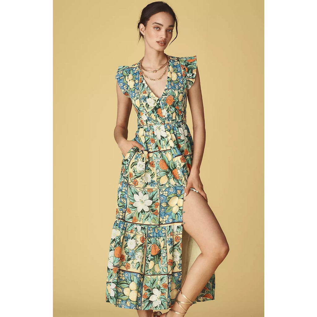 Anthropologie The Peregrine Midi Dress XXS Size 00 Floral Fruit Motif Anthropologie