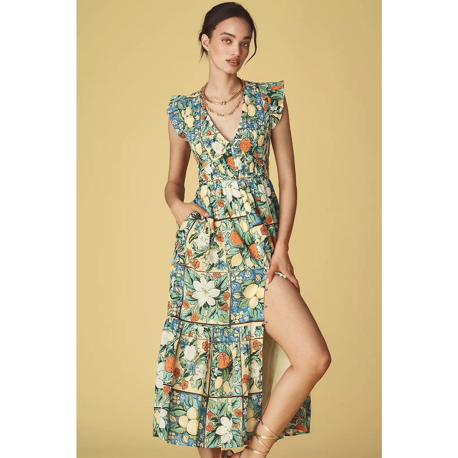 Anthropologie The Peregrine Midi Dress XXS Size 00 Floral Fruit Motif Anthropologie