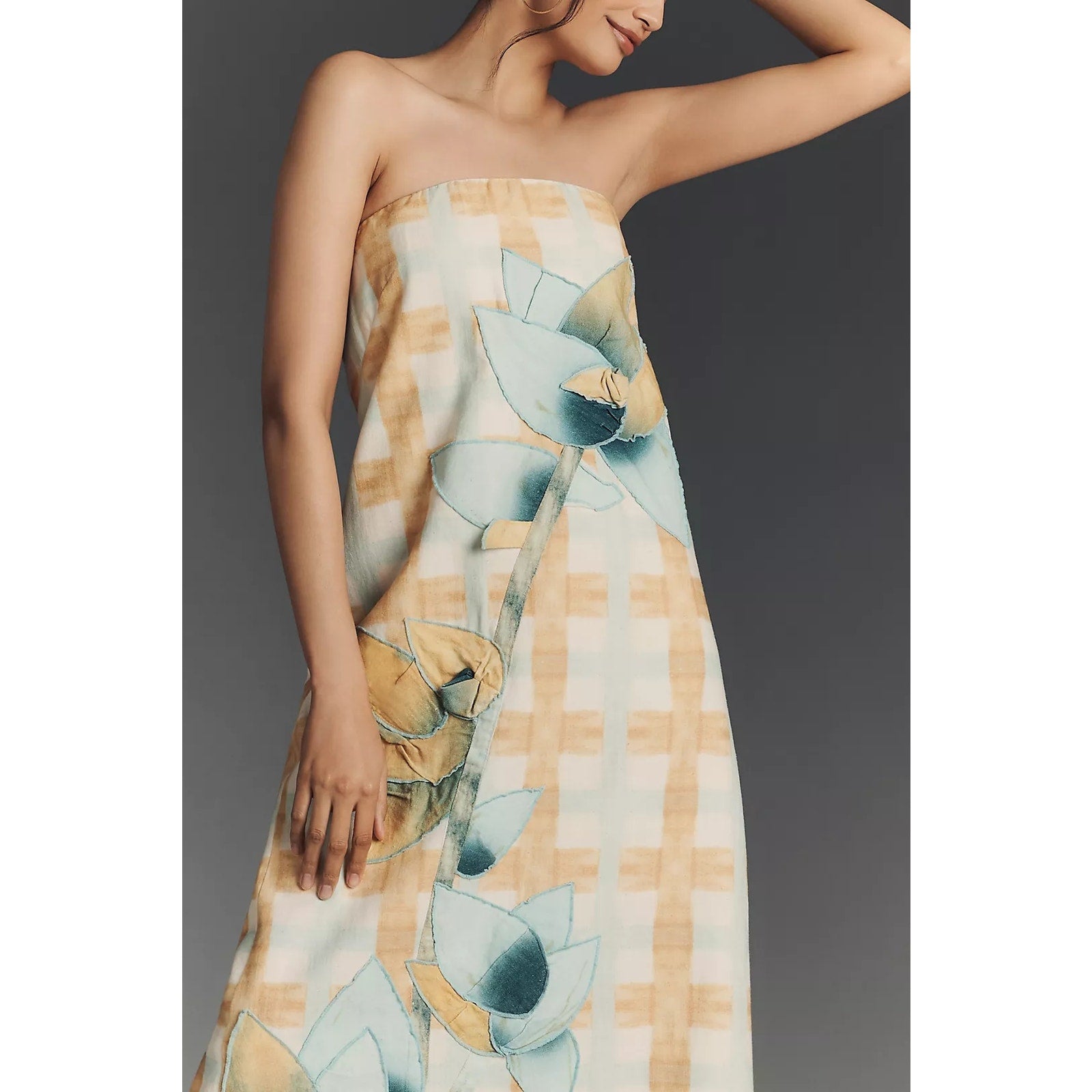 Anthropologie Strapless Cotton Linen Dress X-LARGE Blue/Yellow Applique Anthropologie