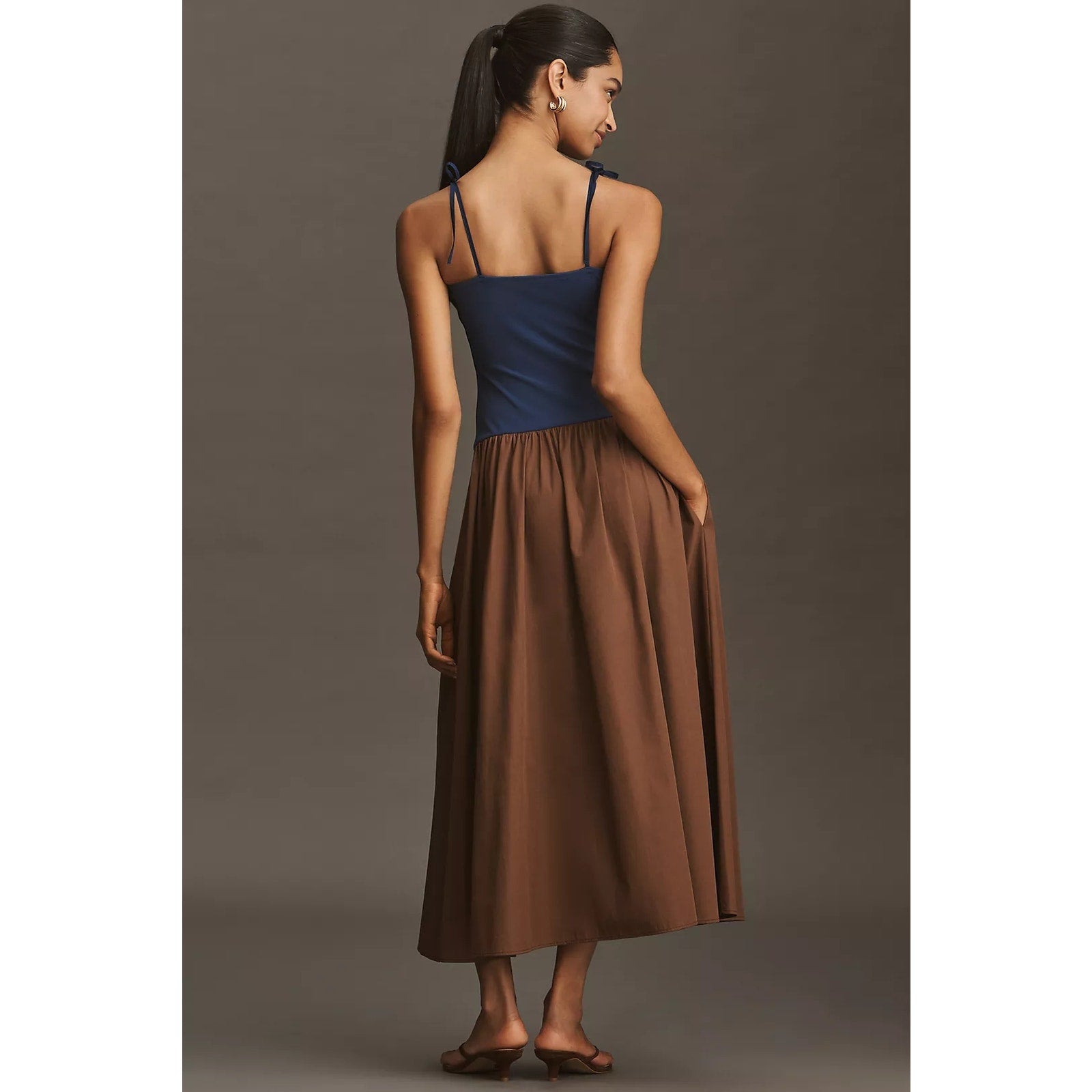 Anthropologie Square-Neck Twofer Midi Dress X-SMALL Navy/Brown Anthropologie