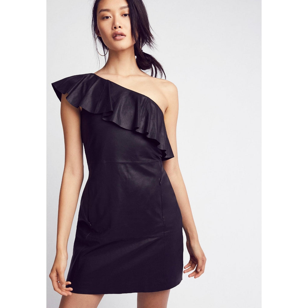 NEW Free People $350 Black Natalie One Shoulder Leather Mini Dress Size S