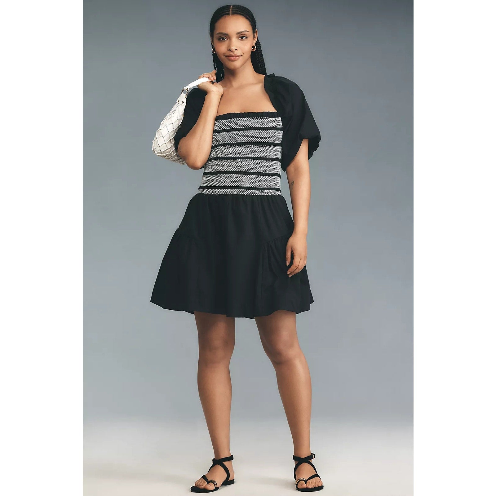 By Anthropologie Puff-Sleeve Square-Neck Smocked Mini Dress SMALL Black Anthropologie