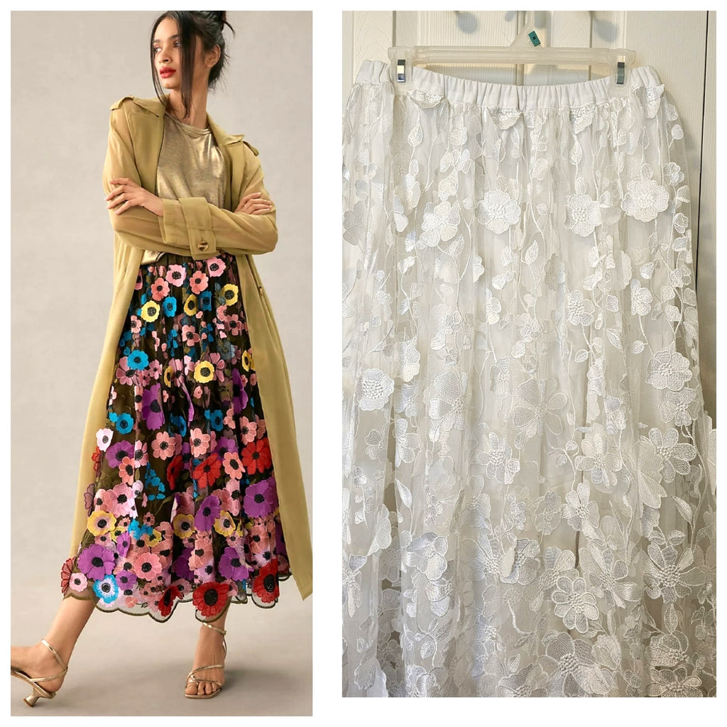 New Anthropologie Maeve Floral Appliqué Maxi Skirt $298 SIZE 6 White Midi Length