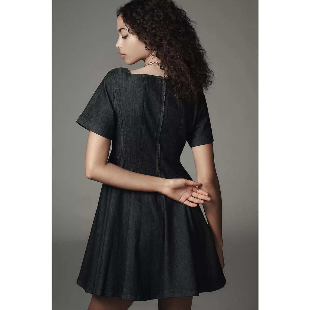 Anthropologie Pilcro Short-Sleeve Square-Neck Denim Mini Dress $148 SMALL