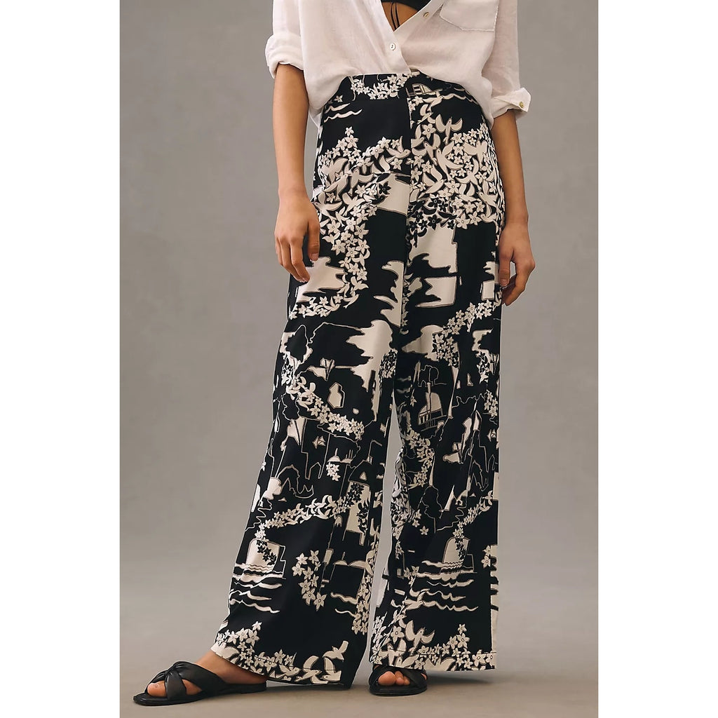 New ANTHROPOLOGIE Tiny Anne Printed Wide-Leg Pants $160 SIZE 2 Black Motif