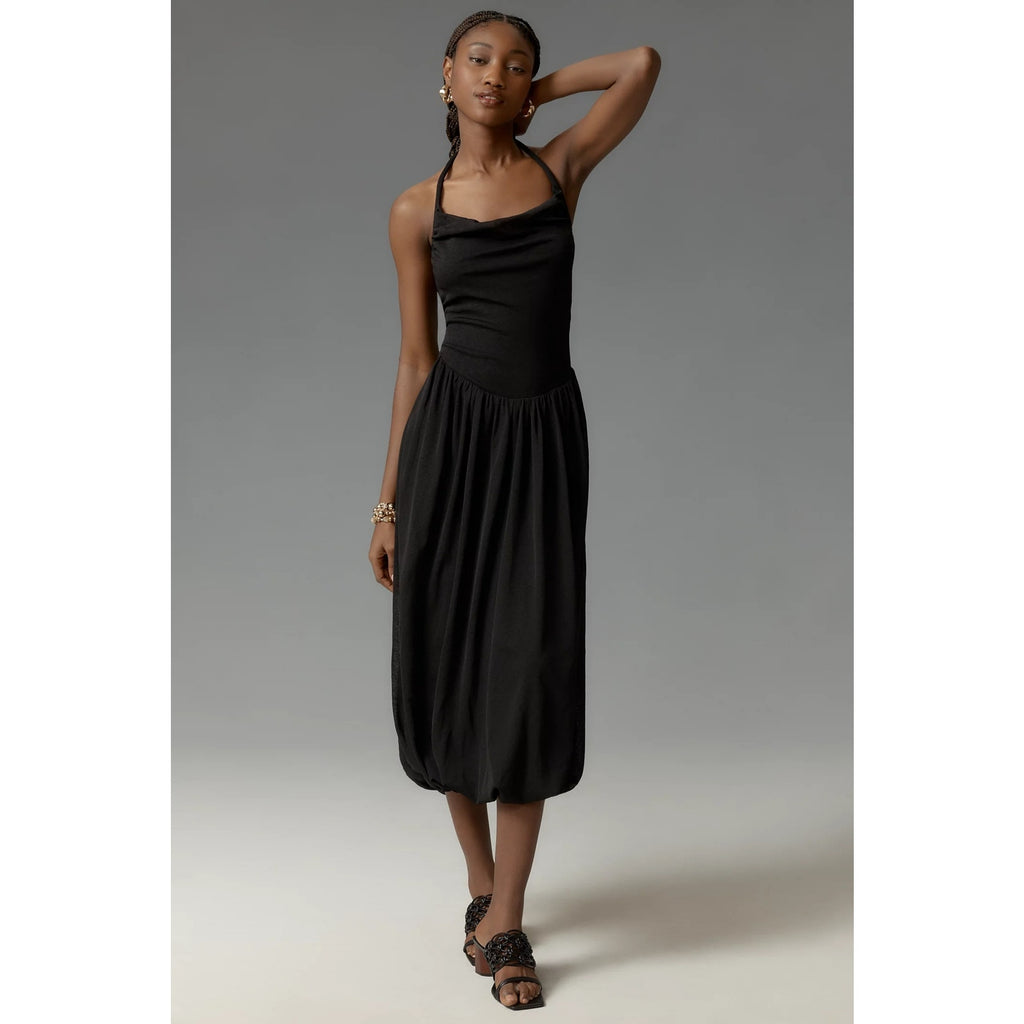 Anthropologie Cowl-Neck Bubble-Hem Midi Dress Size 12 Black Anthropologie