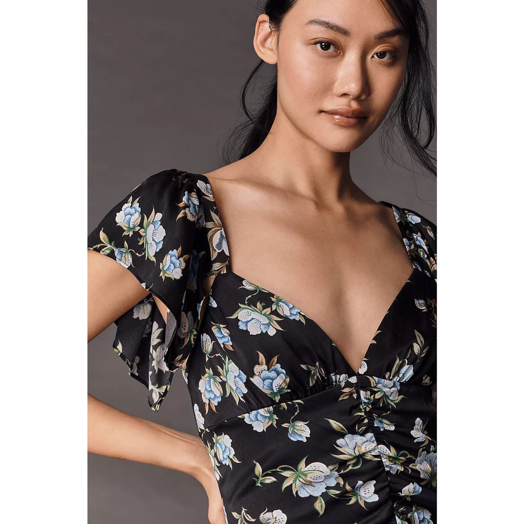 Anthropologie Sweetheart Ruched Drop-Waist Dress $188 MEDIUM Black Floral Anthropologie