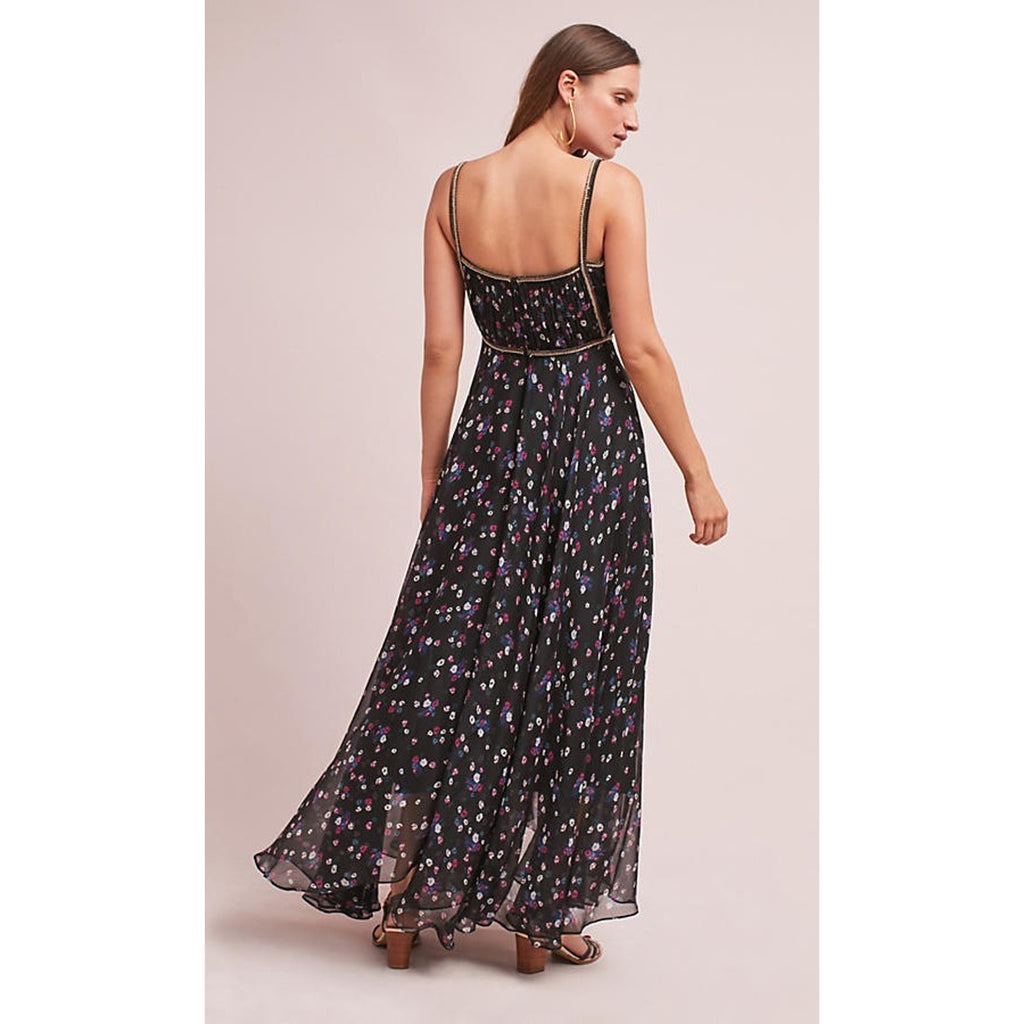 Anthropologie Pomona Floral Maxi Dress Black Beaded Detail $228 Sz 4