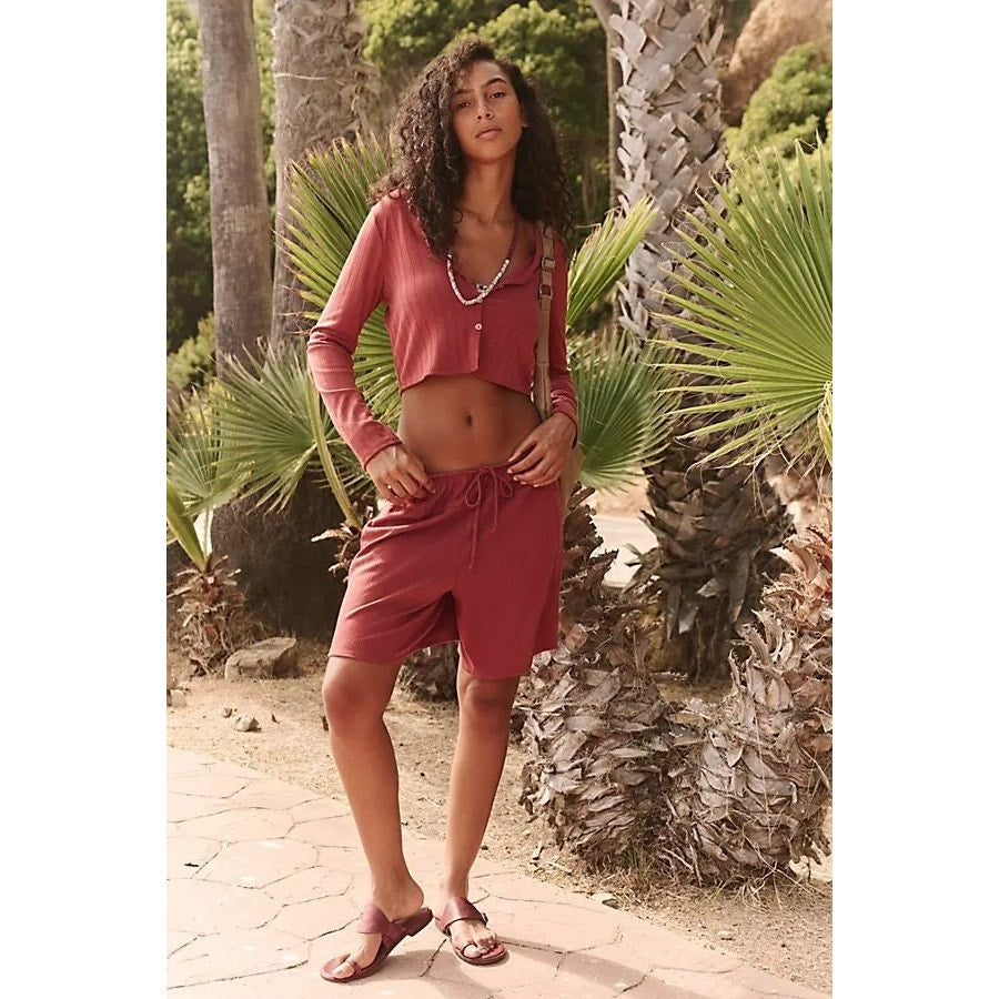 New FREE PEOPLE free-est Monica Cardigan Short Set $88 SMALL Brick Red