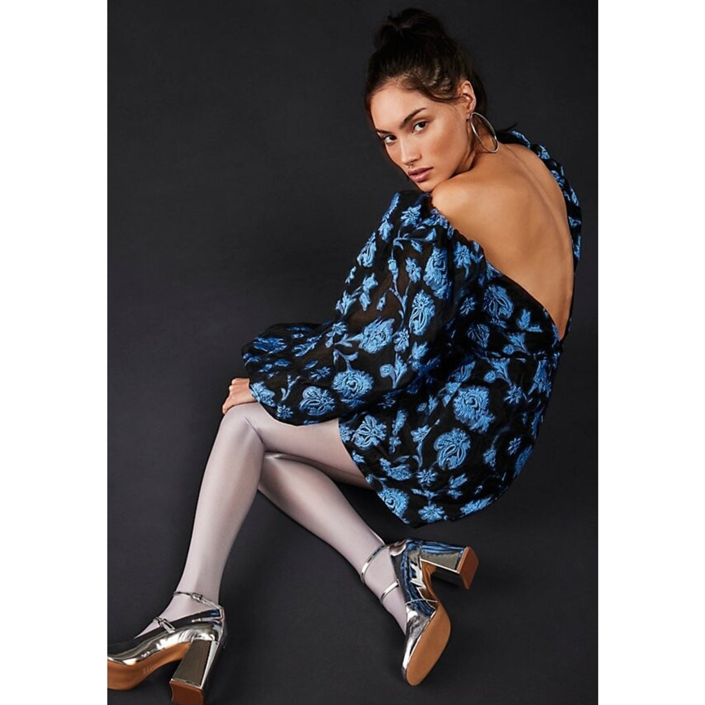 New FREE PEOPLE Aureta Georgia Mini Dress $268 XS Black/Blue Floral Embroidered