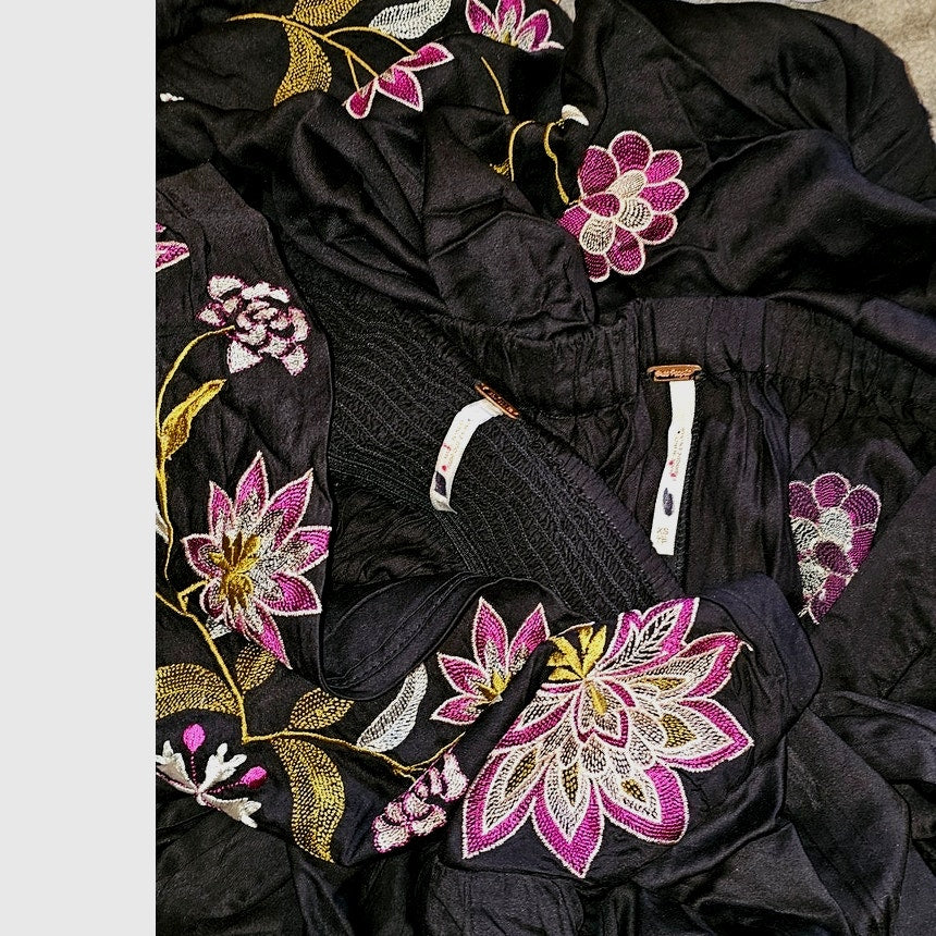 New Free People Harmoney Floral Embroidered Set $298 XS Black Crop Top & Pants