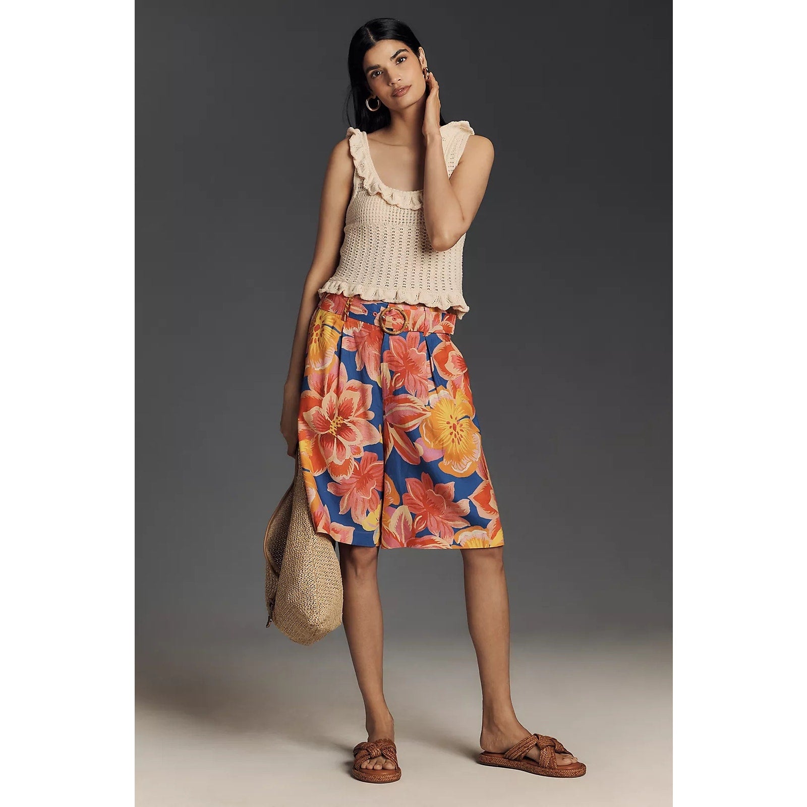 Farm Rio x Anthropologie Linen Blend Belted Floral Bermuda Shorts XS FARM Rio for Anthropologie