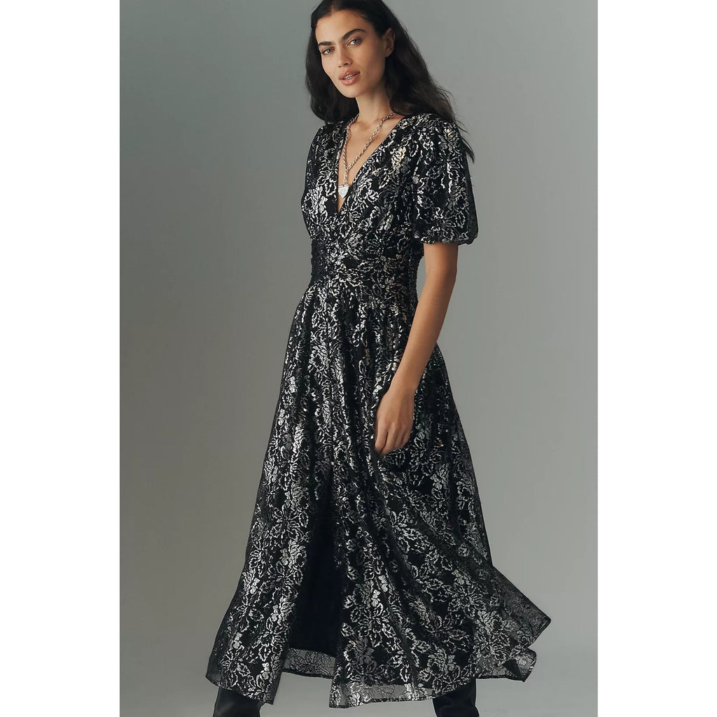 Anthropologie The Katerina Metallic Lace Button-Front Dress XS Black Anthropologie