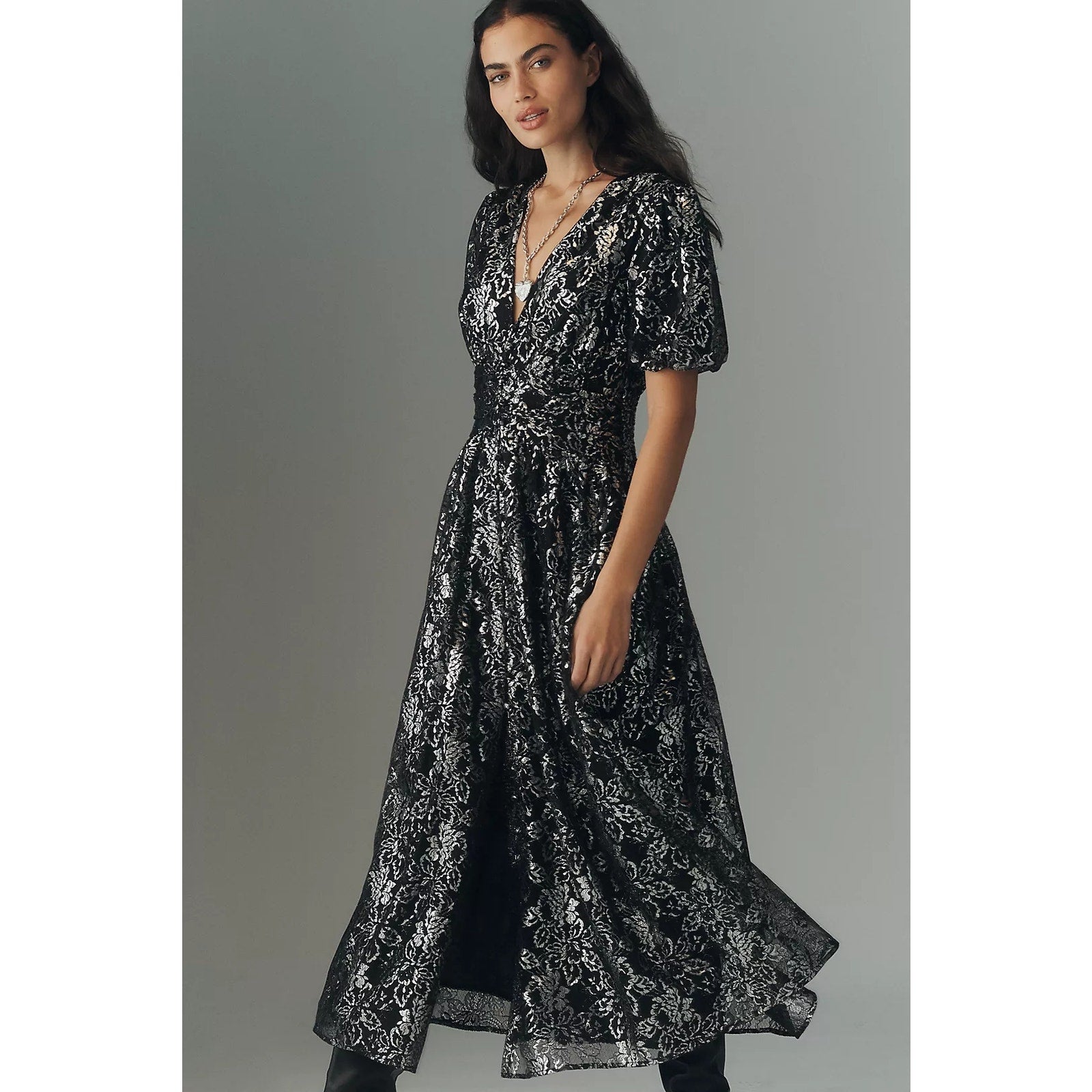 Anthropologie The Katerina Metallic Lace Button-Front Dress XS Black Anthropologie