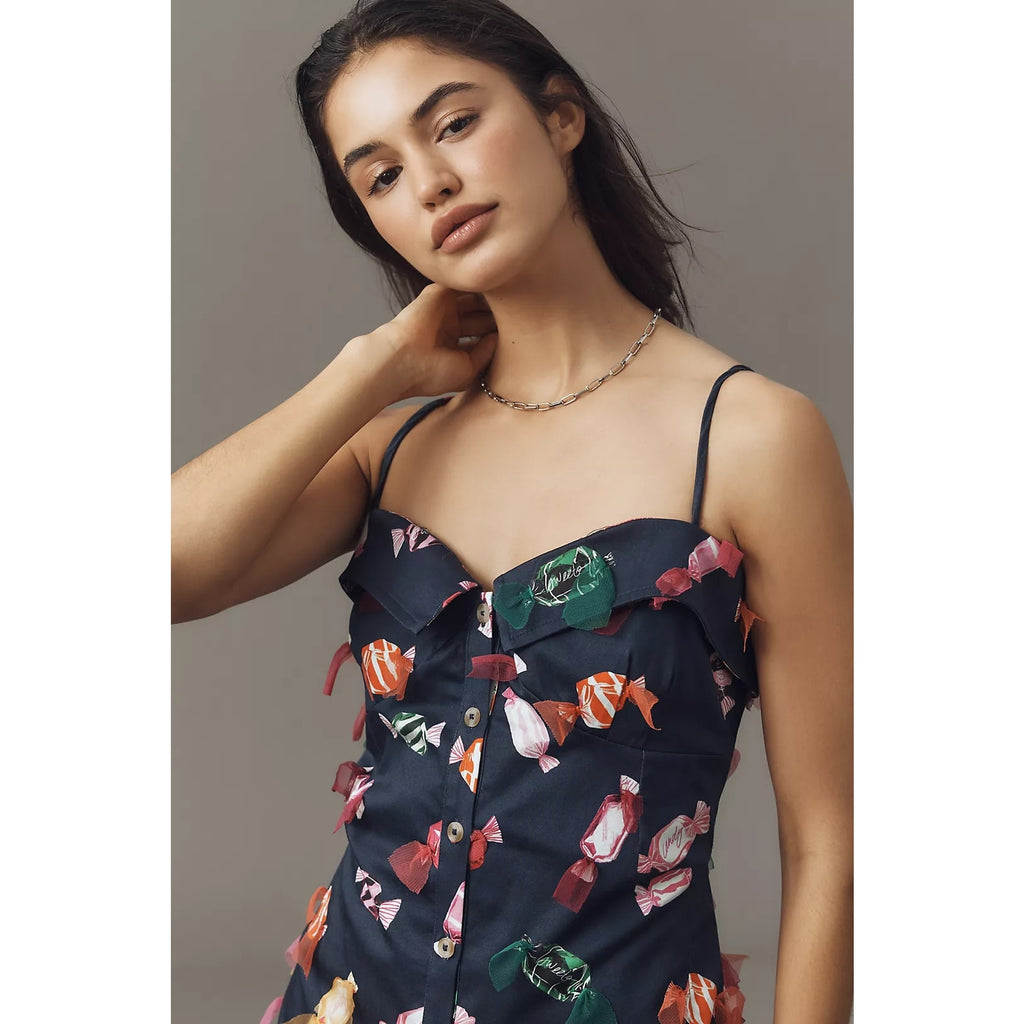 Anthropologie Maeve Printed Buttondown Mini Dress SIZE 8 Navy APPLIQUED Anthropologie
