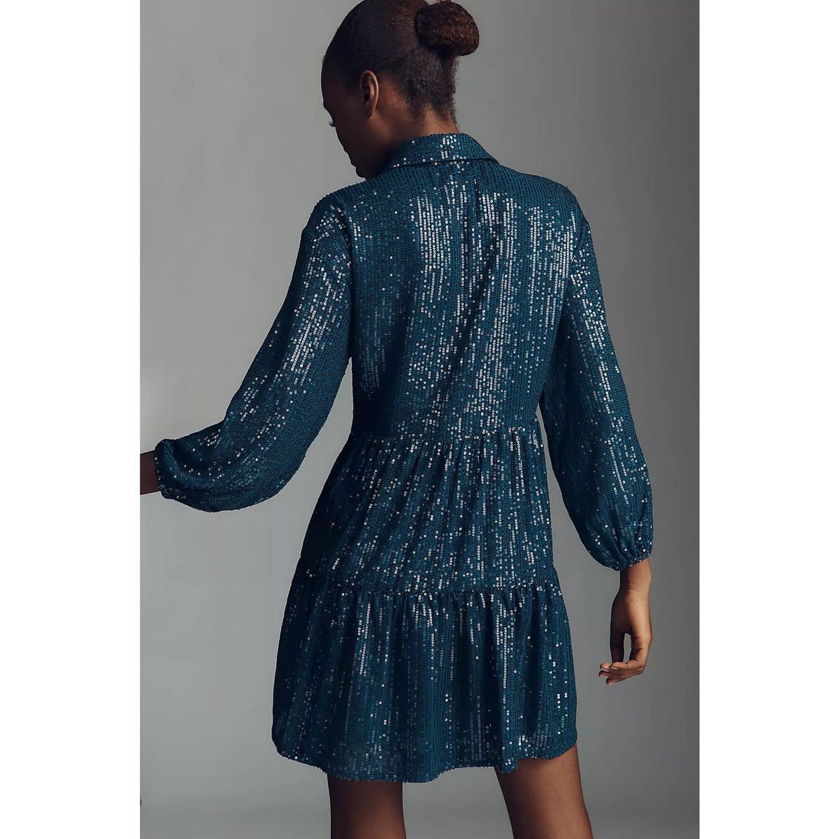 Teal sequin tiered mini shirt dress, back view with balloon sleeves
