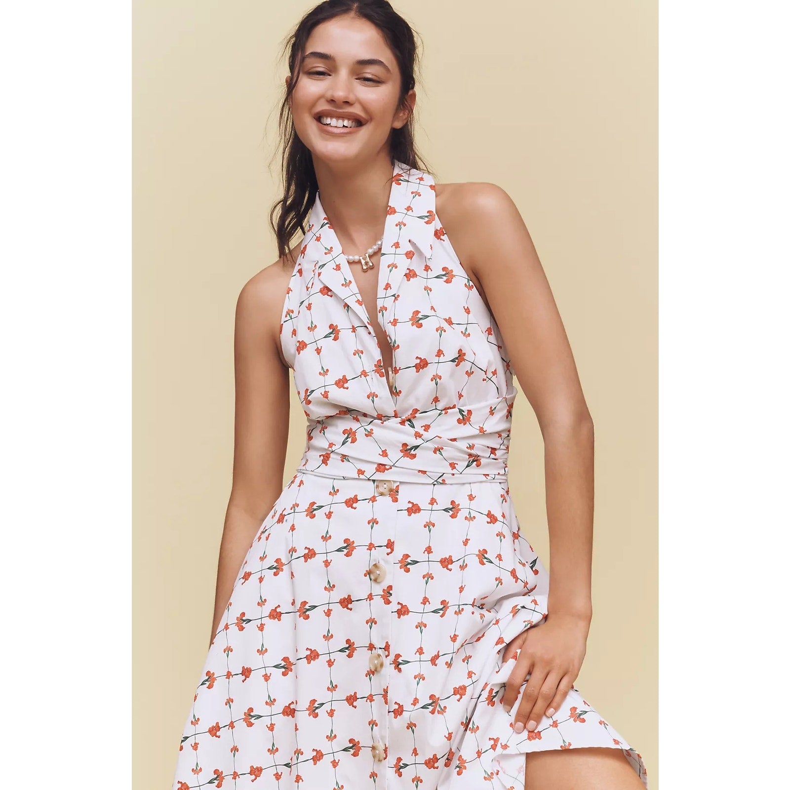 Anthropologie Hutch Alessia Sleeveless Halter Midi Dress LP White/Red Anthropologie