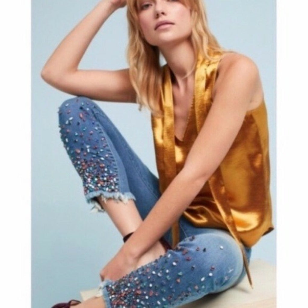 NEW Anthropologie Maeve Liquid Gold Satin Bow Tie Blouse Tank Size 2