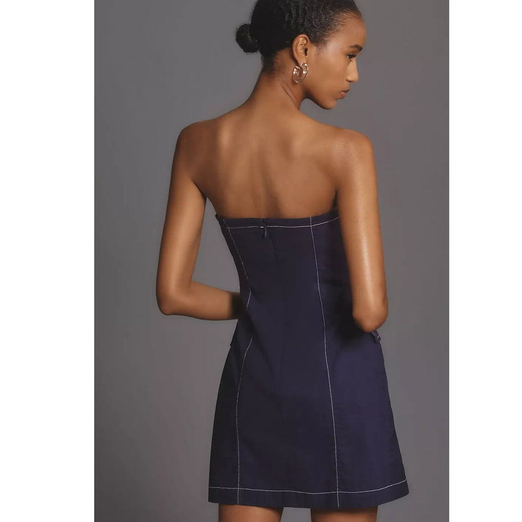 Anthropologie Maeve Strapless Linen Mini Dress $158 SIZE 8 Blue Stetchy