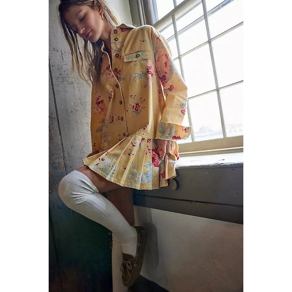 New Free People Connor Floral Printed Mini Dress $168 X-SMALL Yellow Boho Button