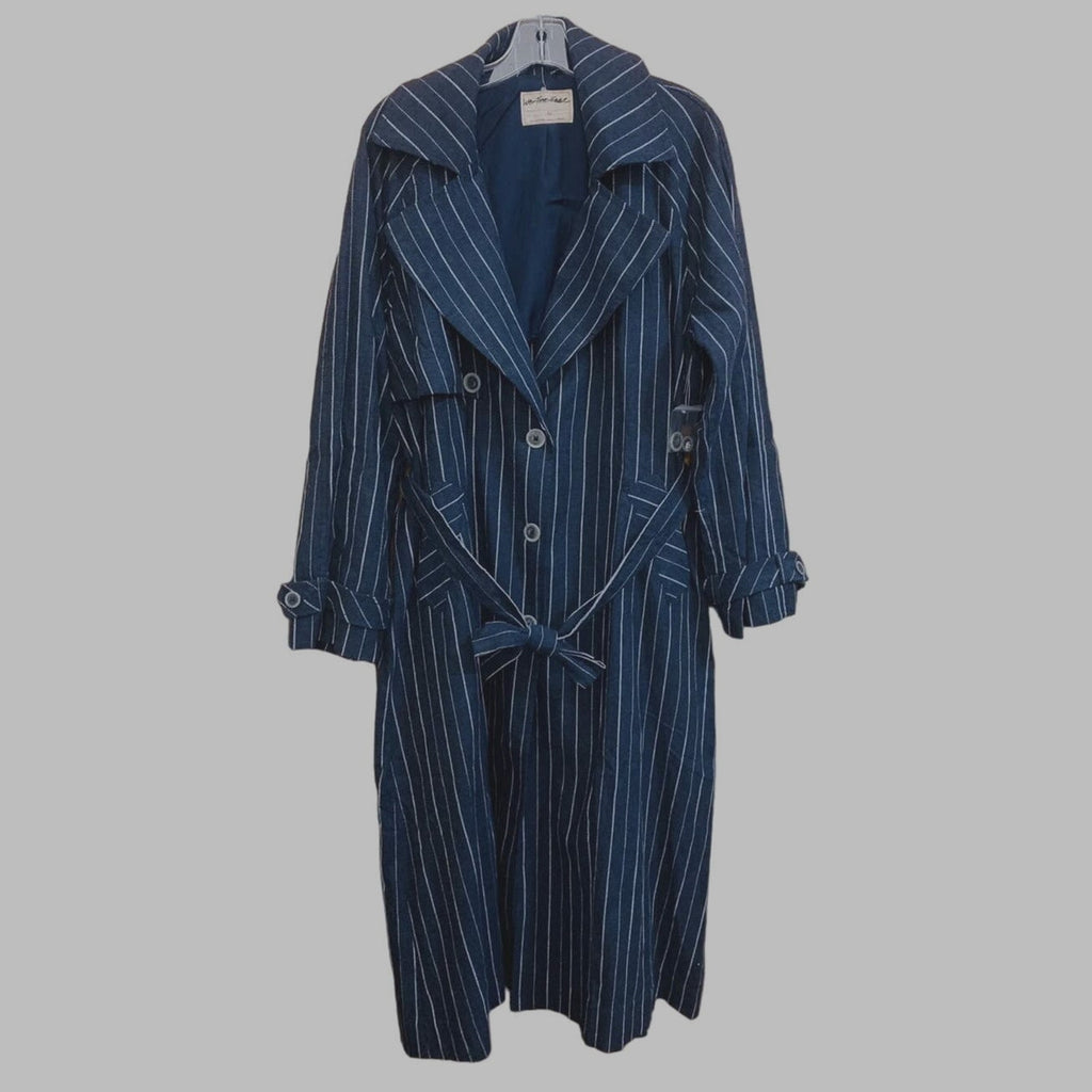 New Free People Melia Mac Coat WTF $228 LARGE Blue Striped Vintage-Inspired