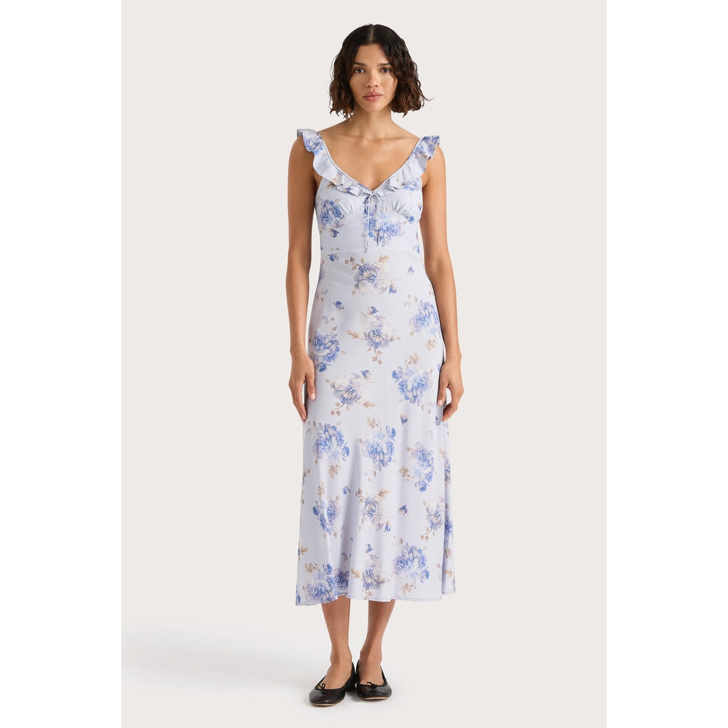 New Anthropologie x Faithfull Ruffle-Neck Floral Midi Dress $240 Size 6 Lilac