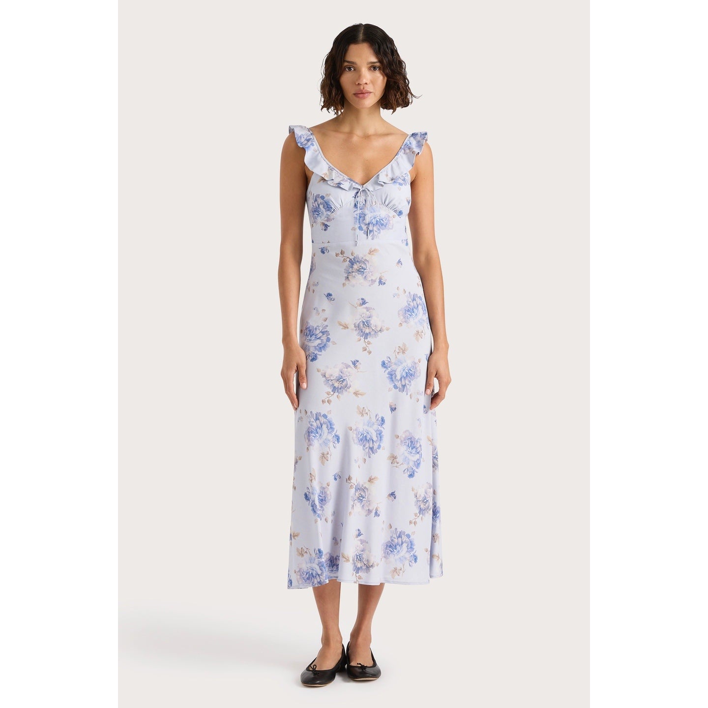 New Anthropologie x Faithfull Ruffle-Neck Floral Midi Dress $240 Size 6 Lilac