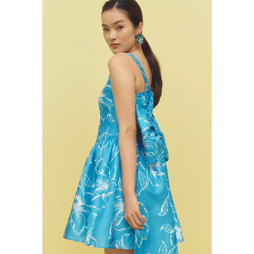 Blue sleeveless mini dress with white floral print, square neckline, basque waist