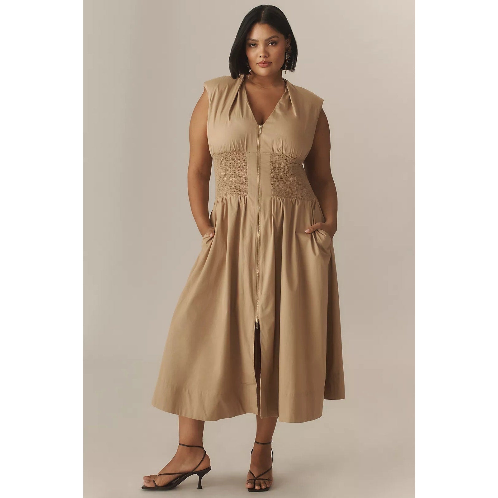 ANTHROPOLOGIE The Tommie Zip-Front Plunging Midi Dress PLUS 3X Neutral Anthropologie