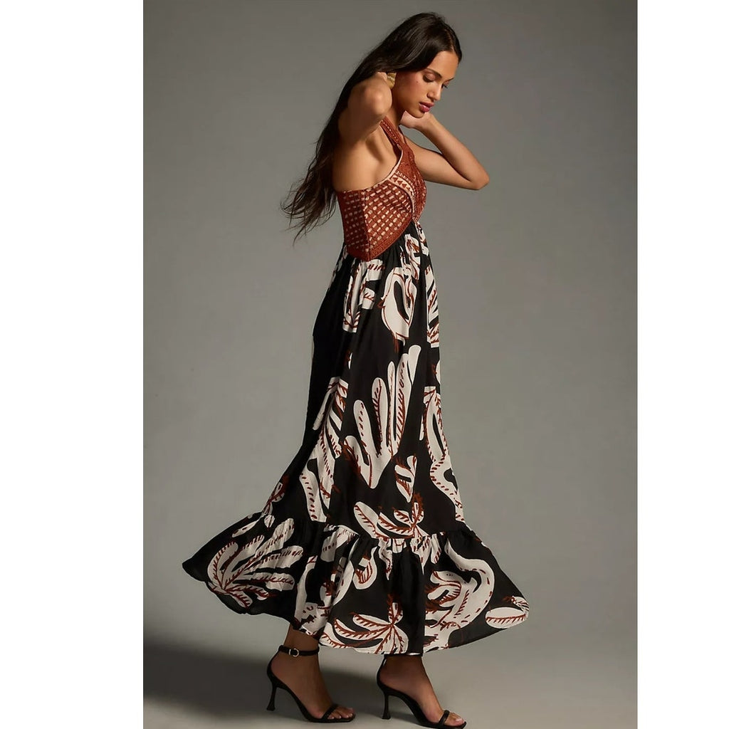 New By Anthropologie Deco Printed Halter Dress $248 SIZE 6 Black & Brown Motif