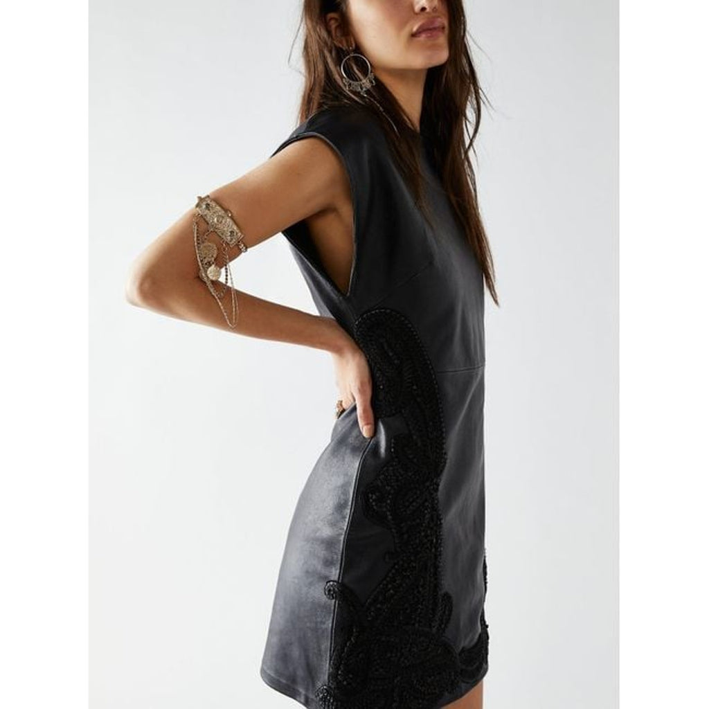 New FREE PEOPLE City Slicker Leather Mini Dress $698 SIZE 10 Black