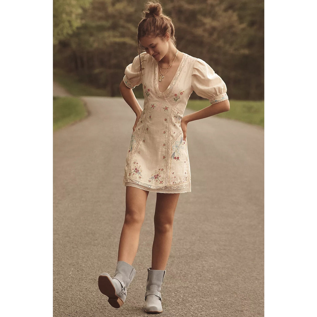 Anthropologie Linen Blend Puff-Sleeve V-Neck Mini Dress SIZE 12 Neutral Anthropologie