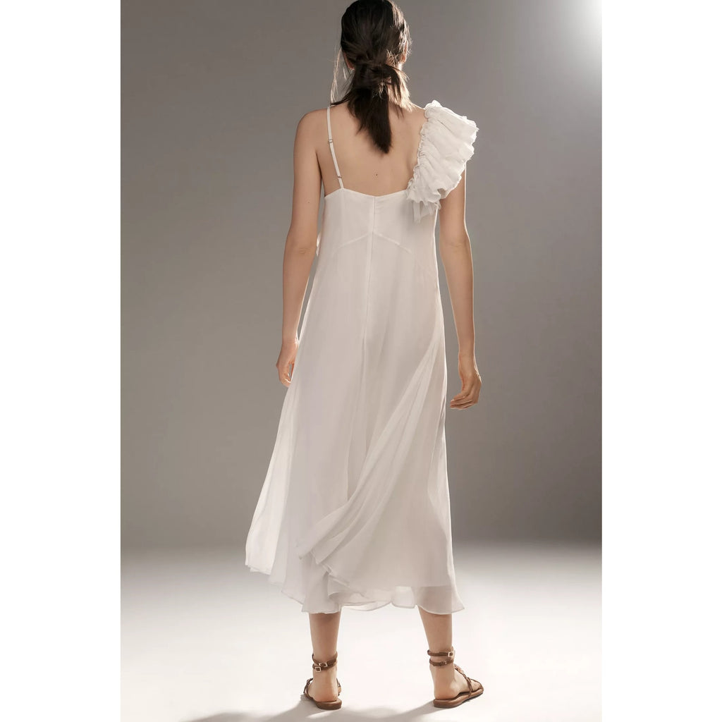 Anthropologie Let Me Be Asymmetric 3D Floral Midi Dress SMALL White Anthropologie