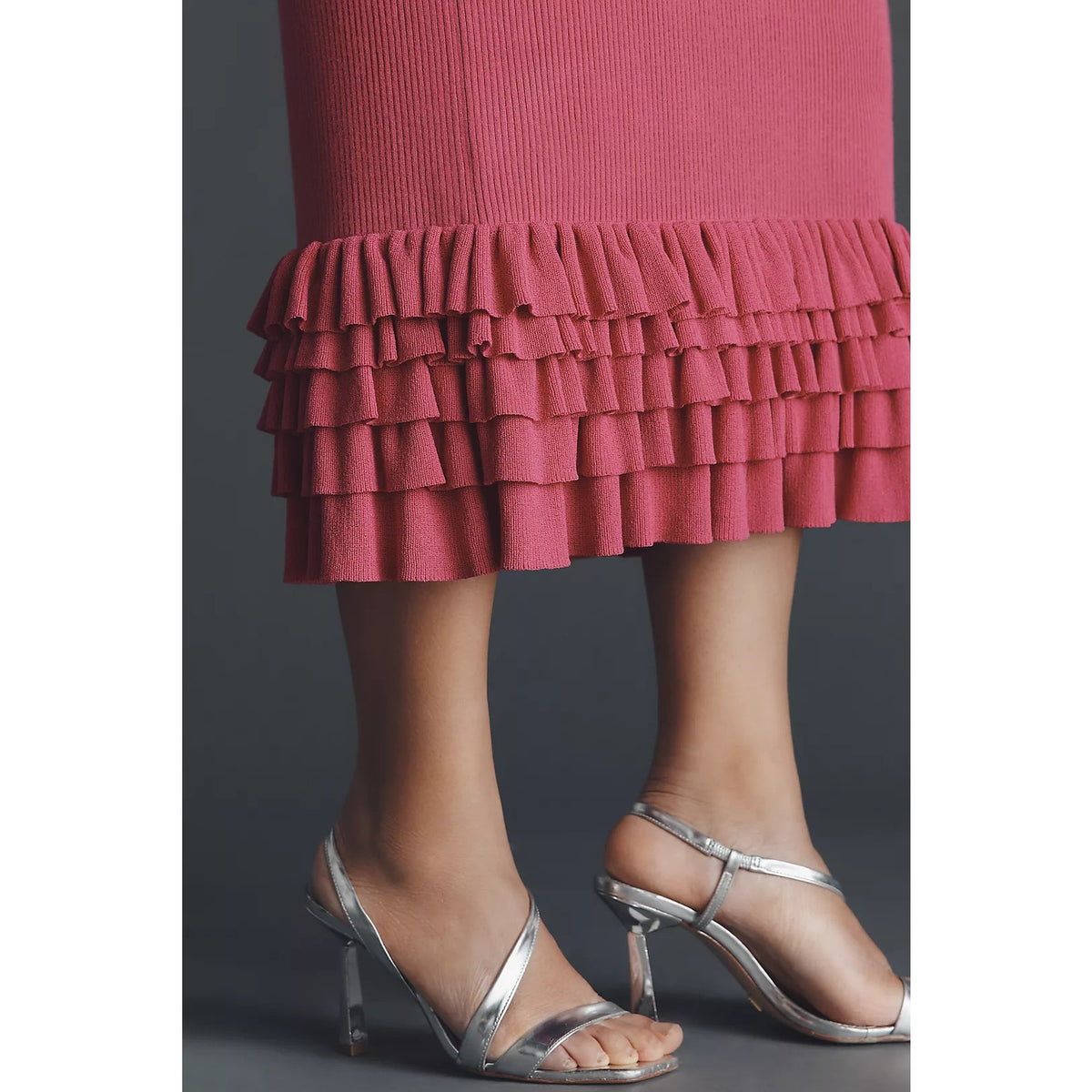 Tiered ruffle hem of pink midi sweater dress with long sleeves