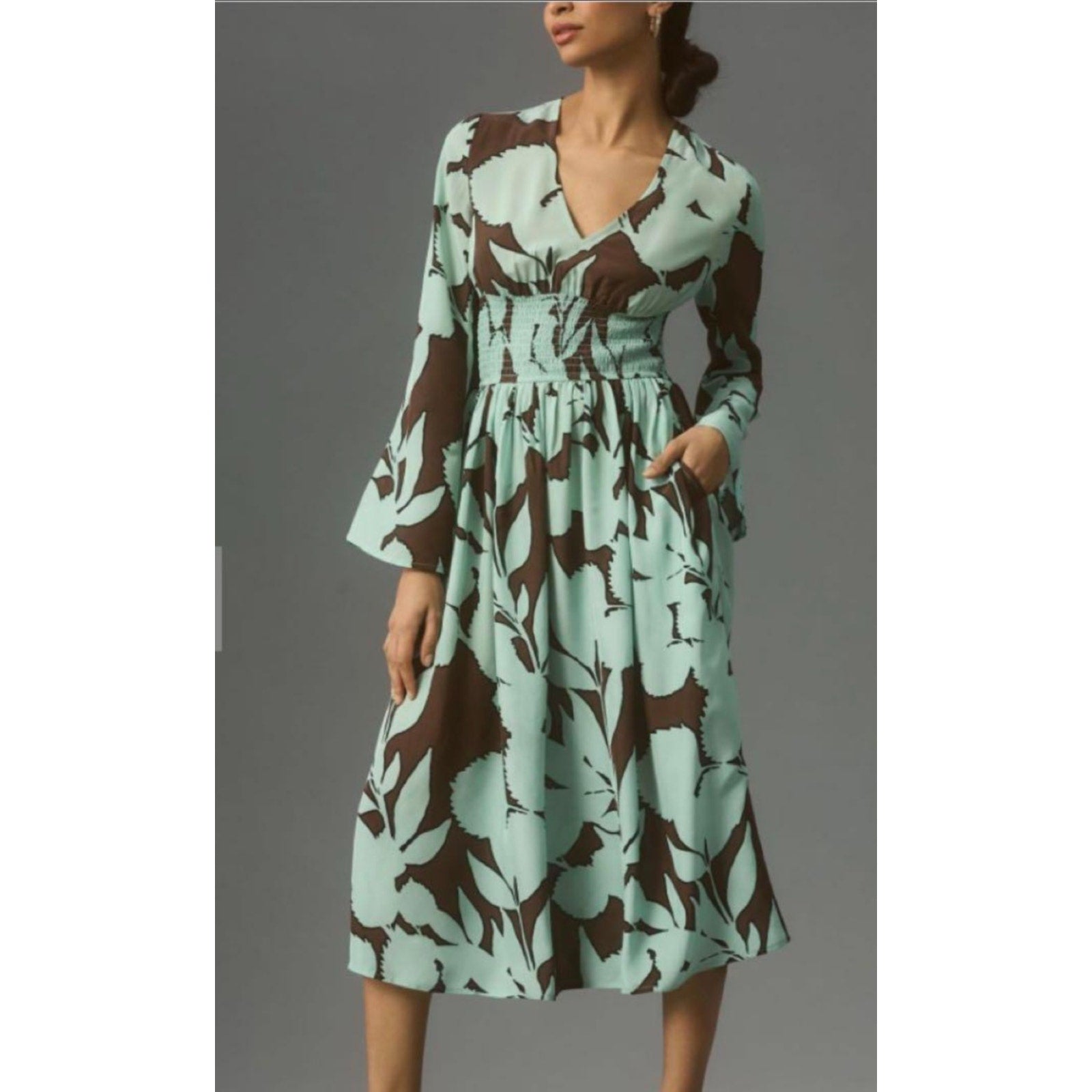 New Anthropologie DHRUV KAPOOR Long Sleeve V-Neck Maxi Dress $248 X-SMALL Brown