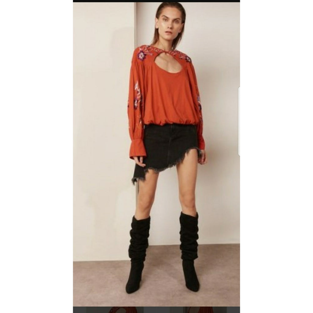 NEW Free People $128 Red Lita Floral Embroidered Bell Long Sleeve Top Sz S Boho